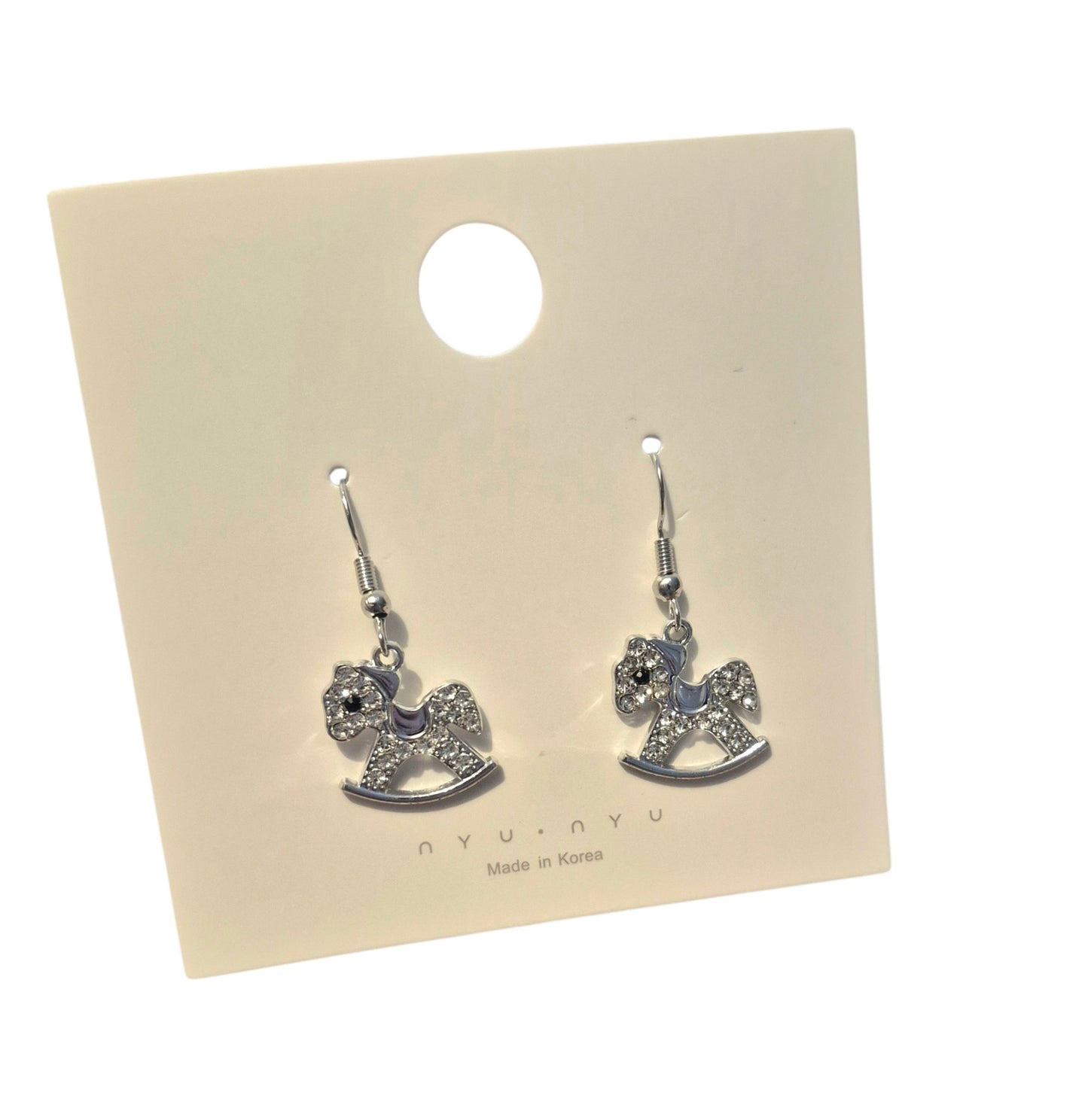 Silver rhinestone rocking horse earrings