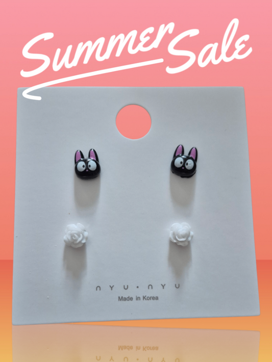 Black cat and white roses  stud earrings 
