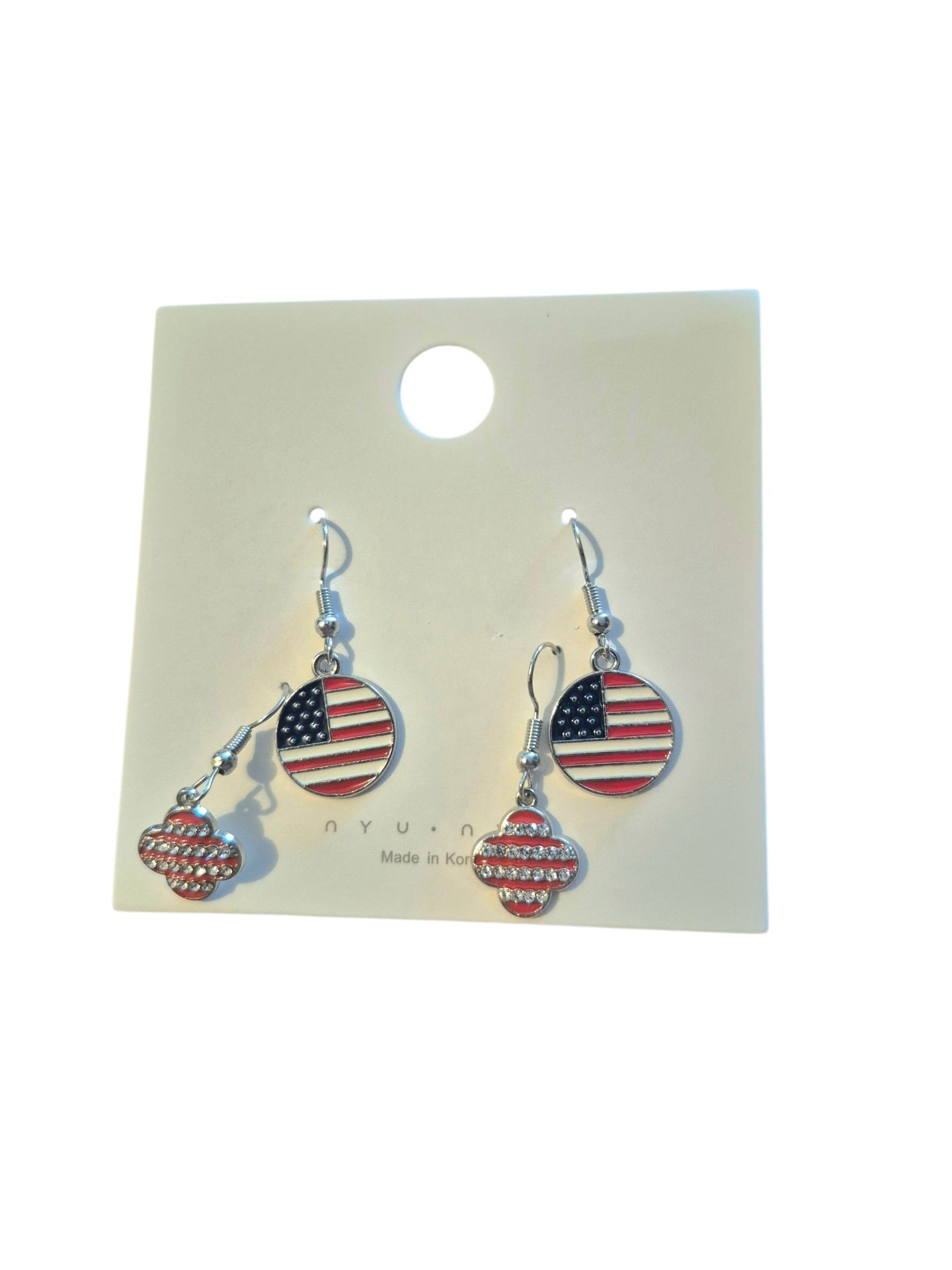 Circle flag and red and white rhinestone earrings 